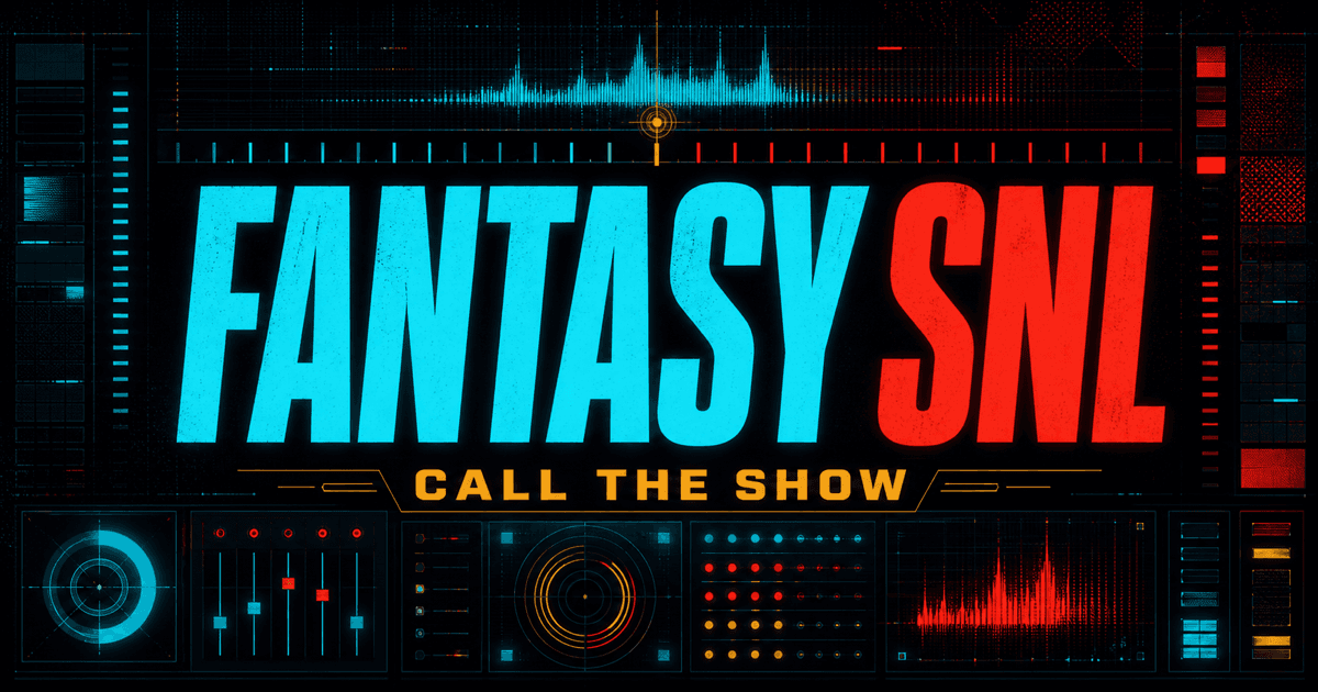 Abstract Fantasy SNL prediction control room in cyan, red, and gold